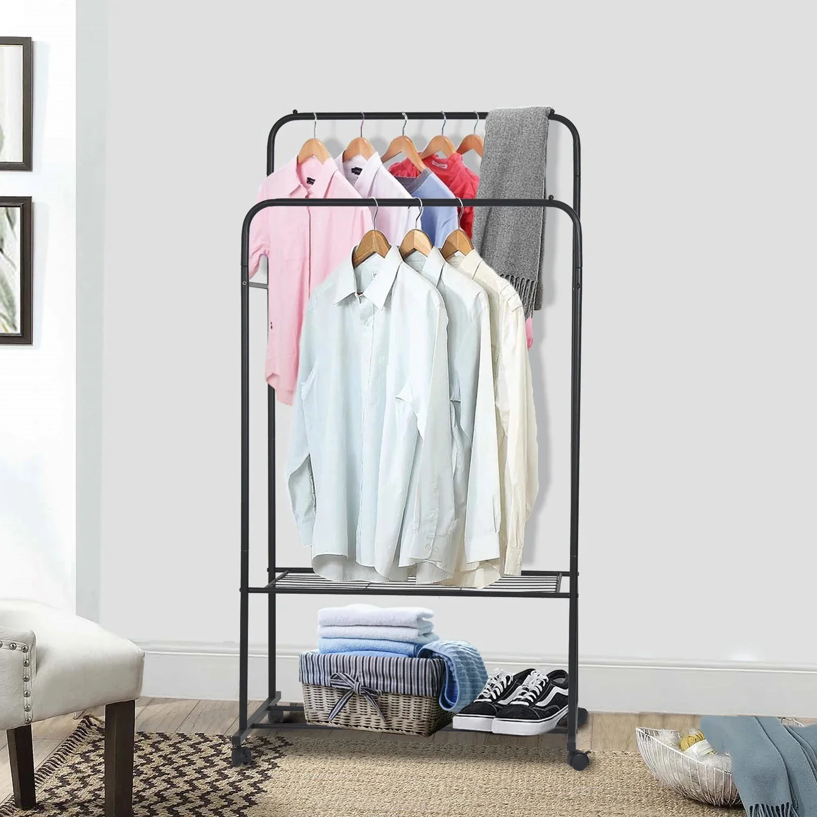 1.5m Large Clothes Rack Double Rail Rolling Stand Shoes Rack Storage Shelf White - Image 11