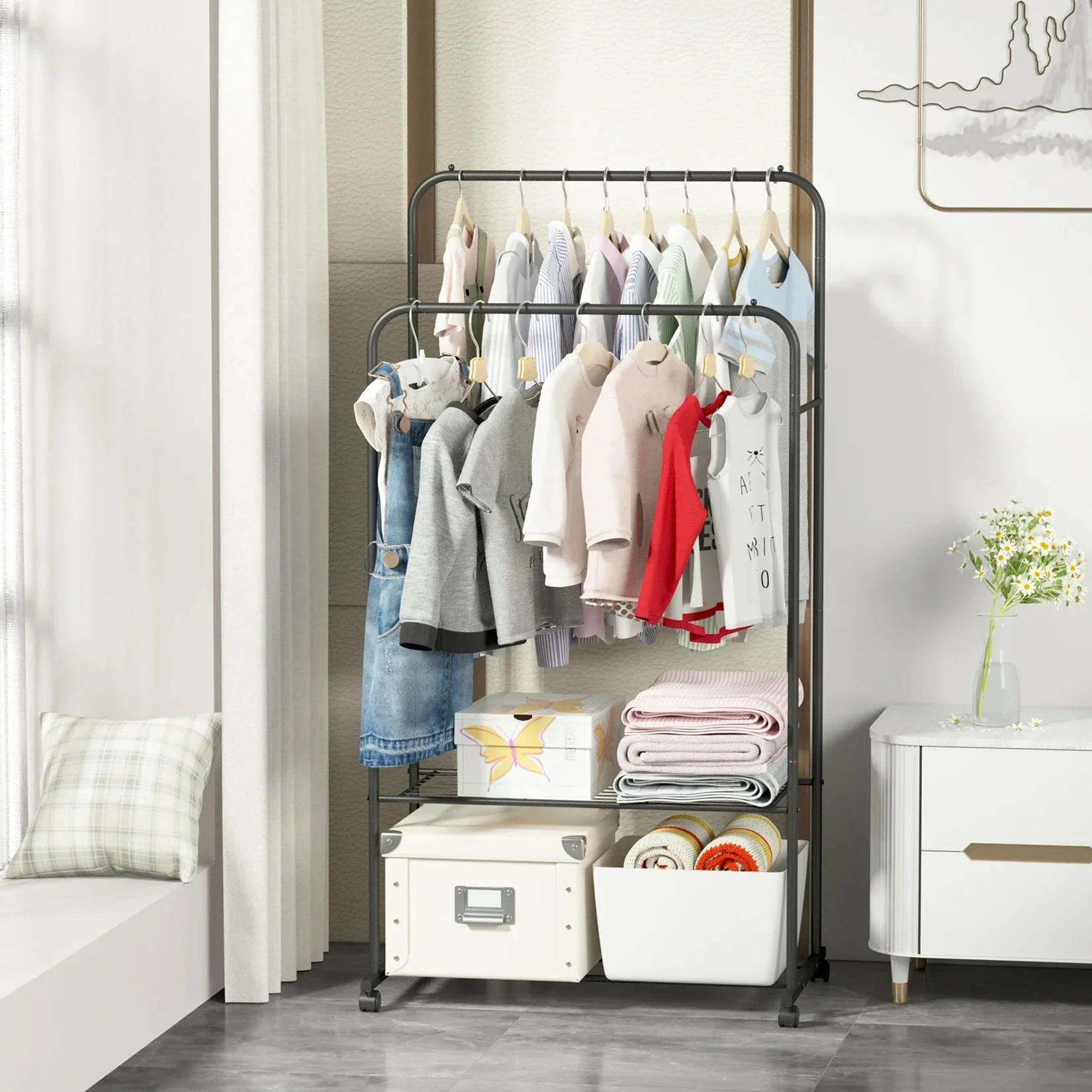 1.5m Large Clothes Rack Double Rail Rolling Stand Shoes Rack Storage Shelf White - Image 12