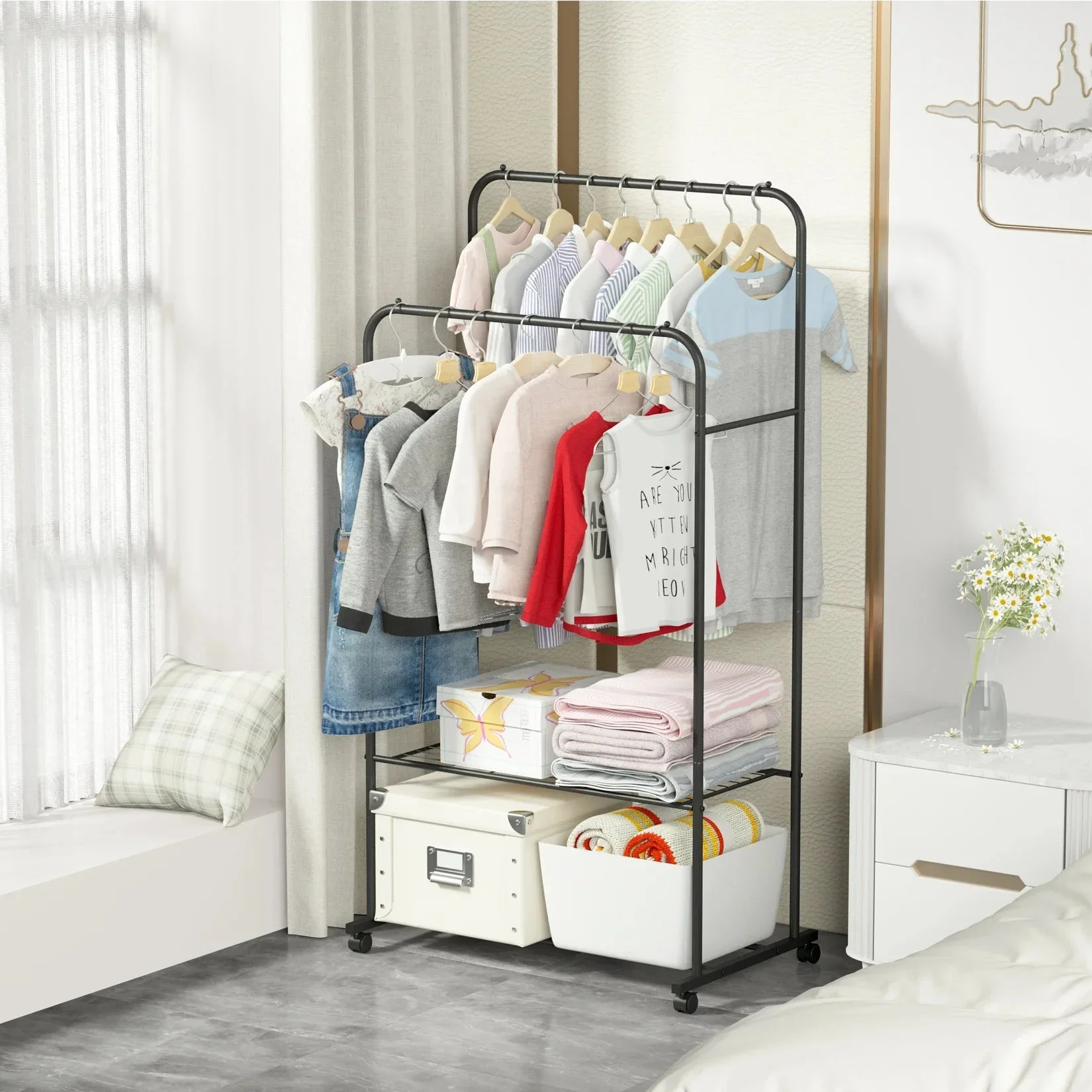 1.5m Large Clothes Rack Double Rail Rolling Stand Shoes Rack Storage Shelf White - Image 13