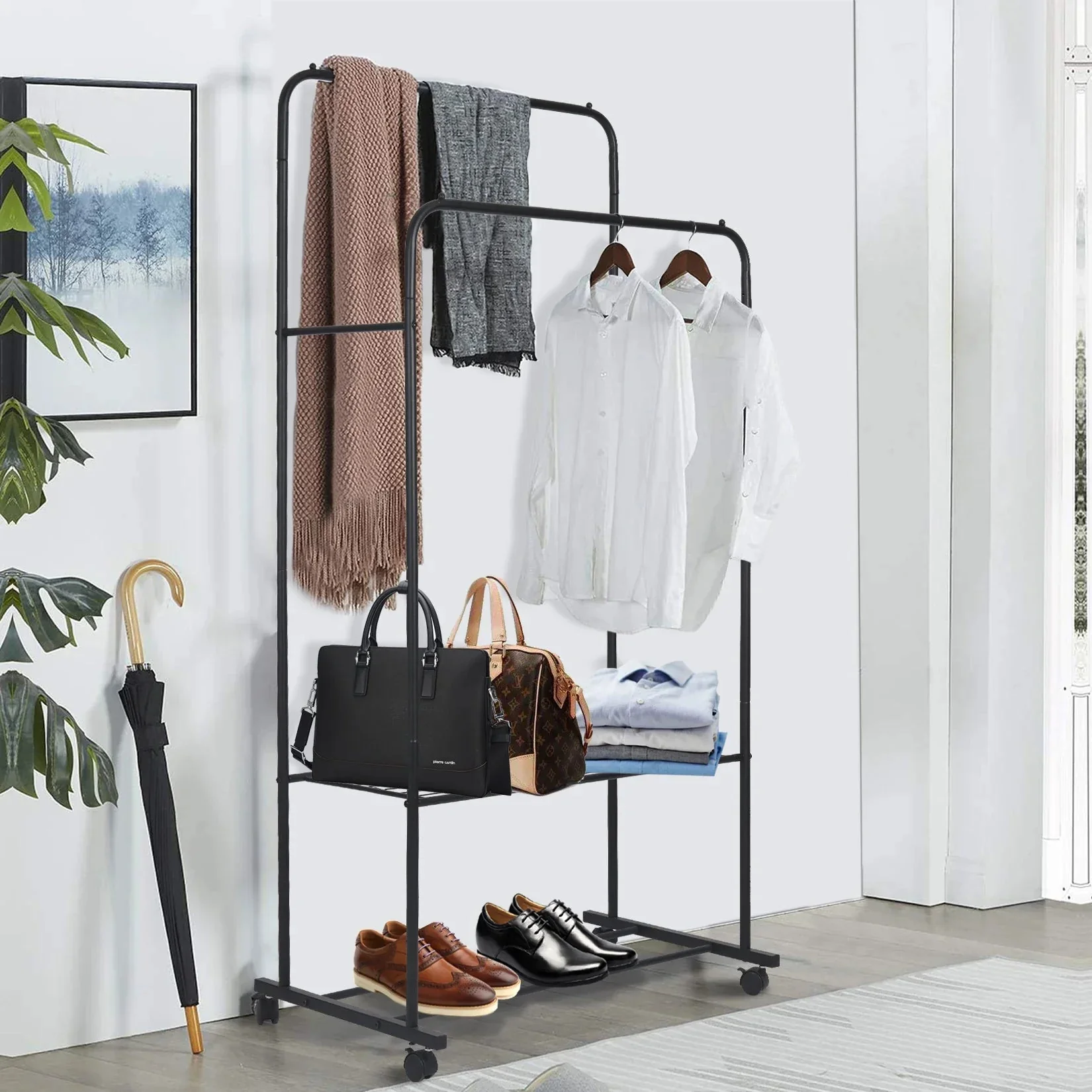 1.5m Large Clothes Rack Double Rail Rolling Stand Shoes Rack Storage Shelf White - Image 14