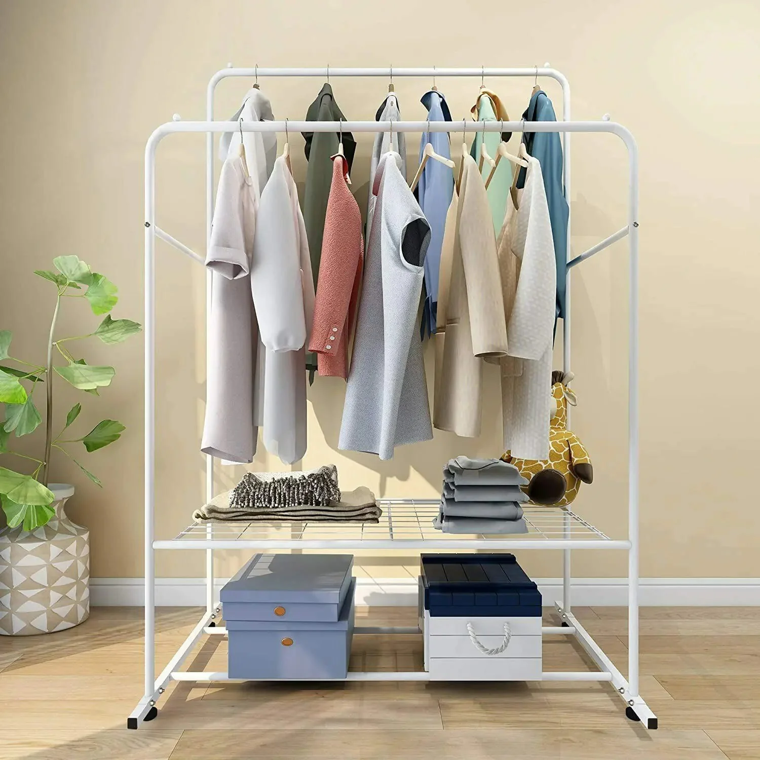 1.5m Large Clothes Rack Double Rail Rolling Stand Shoes Rack Storage Shelf White - Image 8