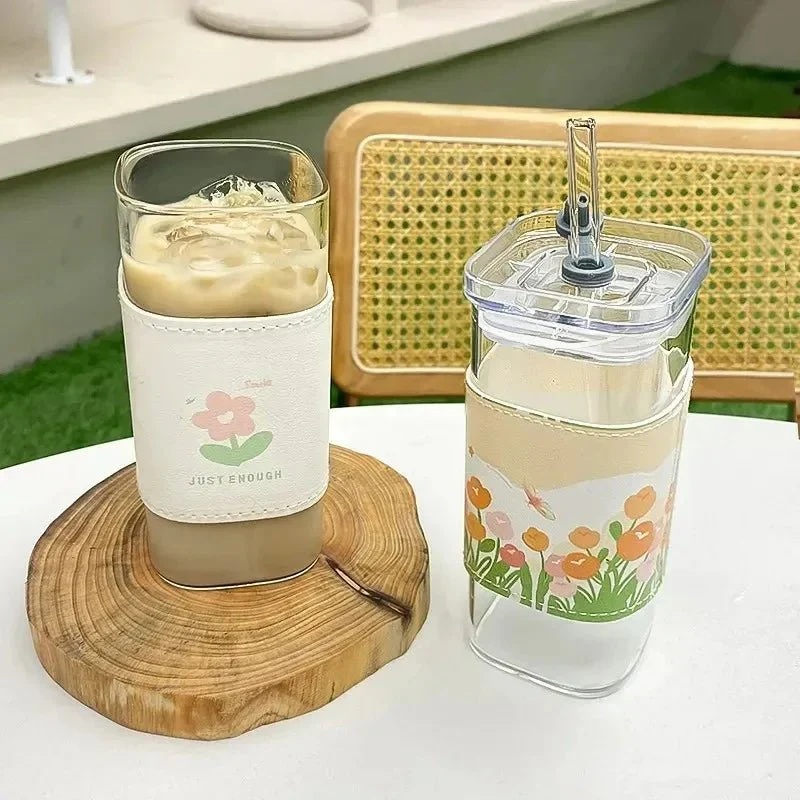 1Pcs Square Heat Resistant Coffee Glass Cup With Lid and Straw Transparent Milk Tea Juice Cups Coffee Mug For Home Bar Drinkware - Image 5