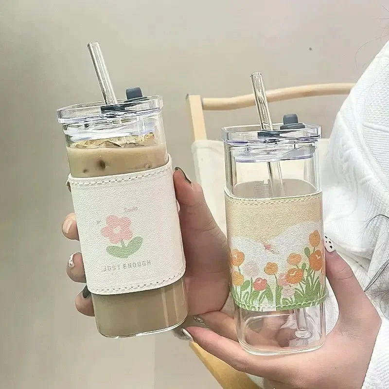 1Pcs Square Heat Resistant Coffee Glass Cup With Lid and Straw Transparent Milk Tea Juice Cups Coffee Mug For Home Bar Drinkware - Image 8