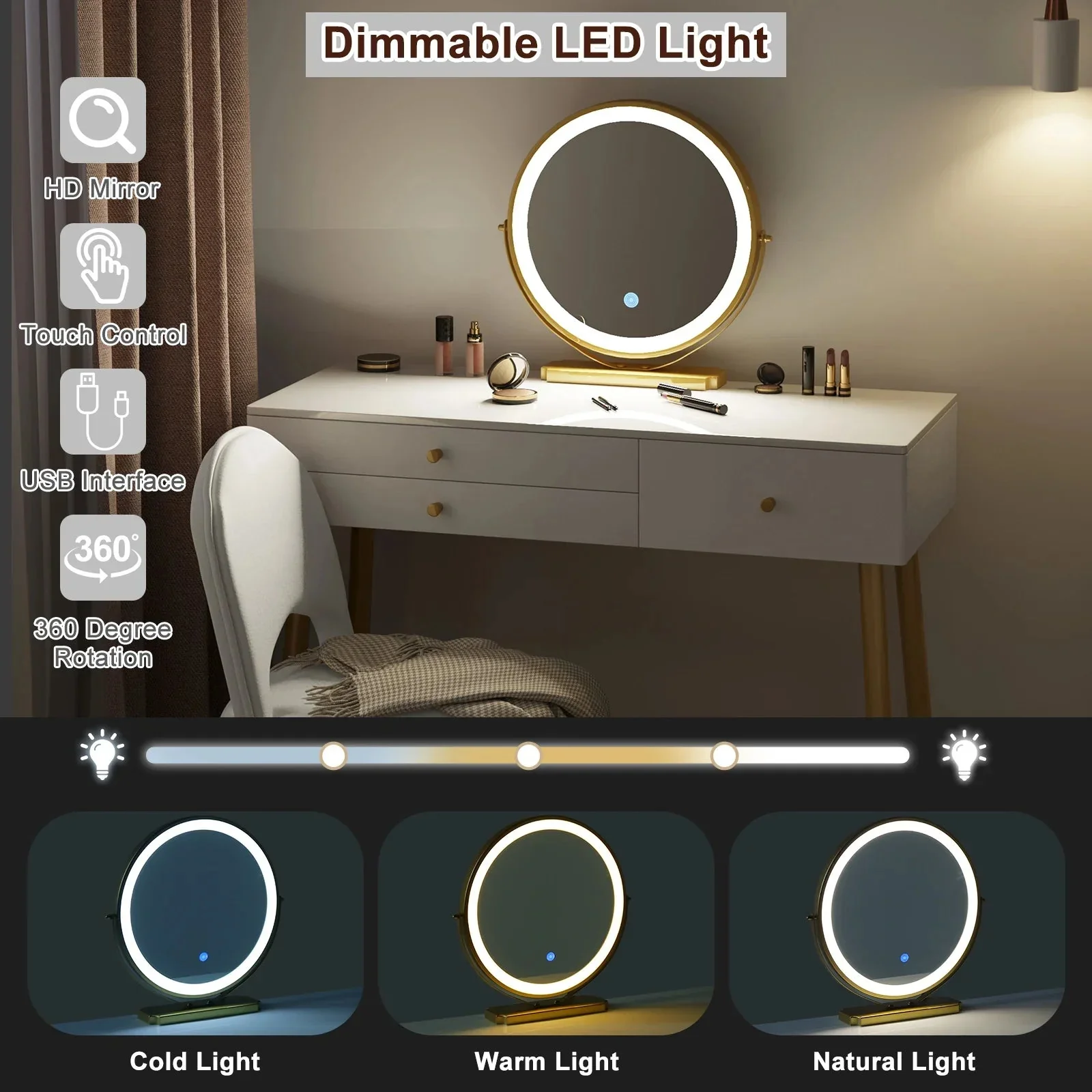 1SET Vanity Dressing Table Cosmetic Make up Table with Lighting Adjustable LED Mirror Light 3 Drawers Velvet Stool for Bedroom - Image 10