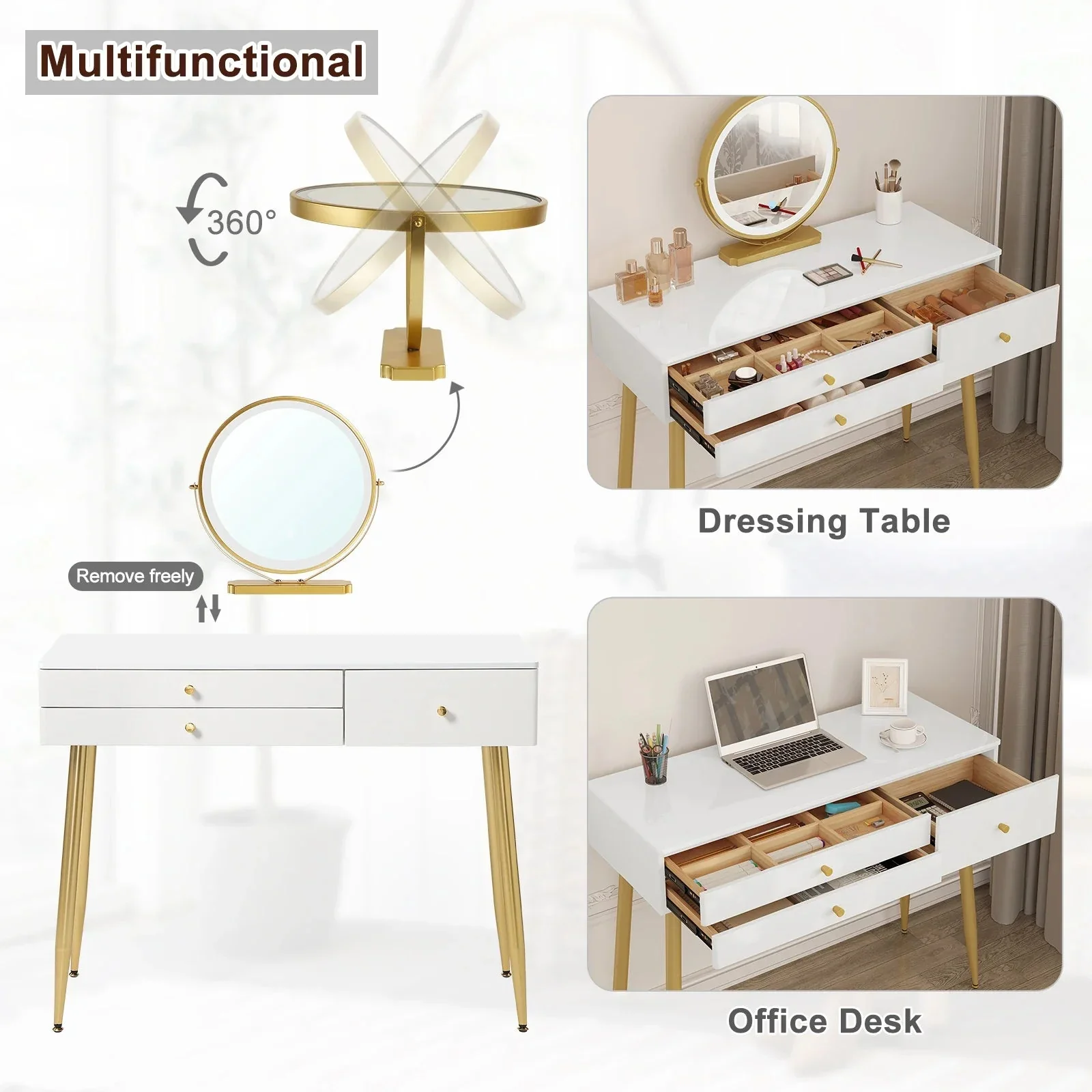 1SET Vanity Dressing Table Cosmetic Make up Table with Lighting Adjustable LED Mirror Light 3 Drawers Velvet Stool for Bedroom - Image 13