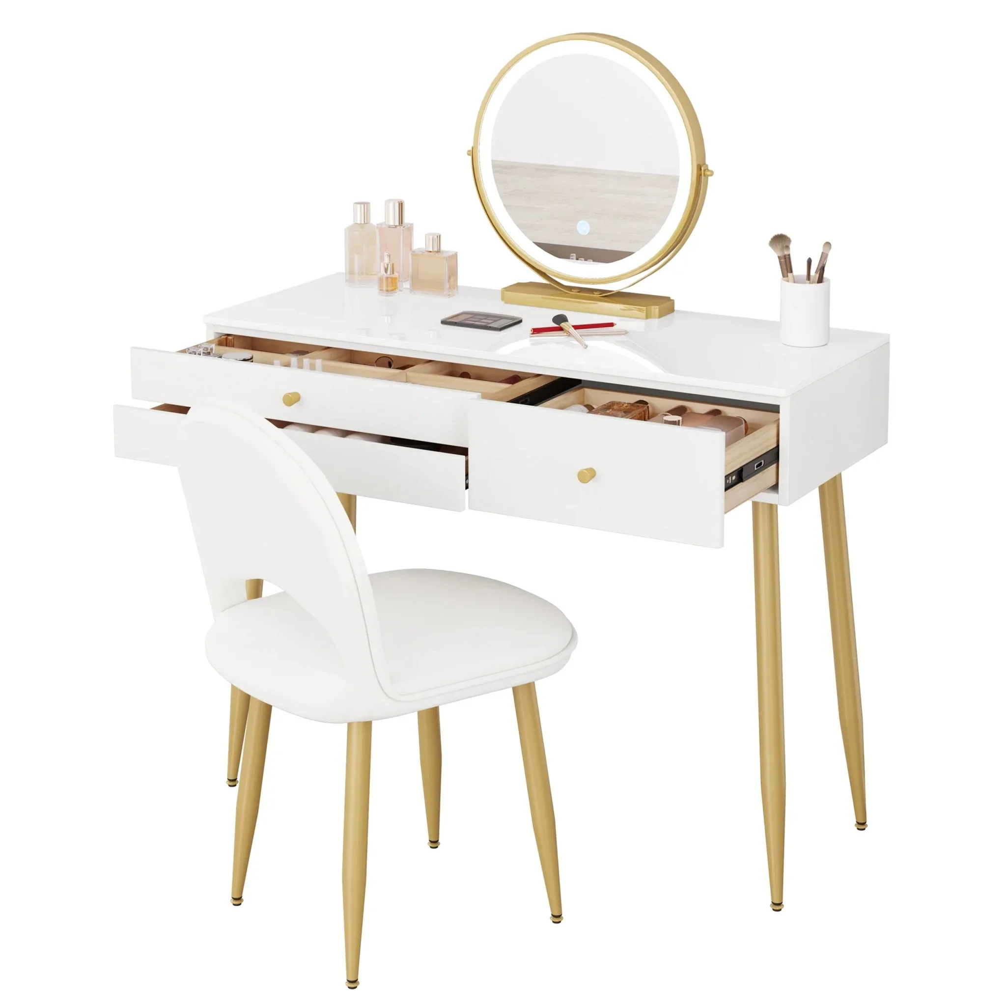 1SET Vanity Dressing Table Cosmetic Make up Table with Lighting Adjustable LED Mirror Light 3 Drawers Velvet Stool for Bedroom - Image 14
