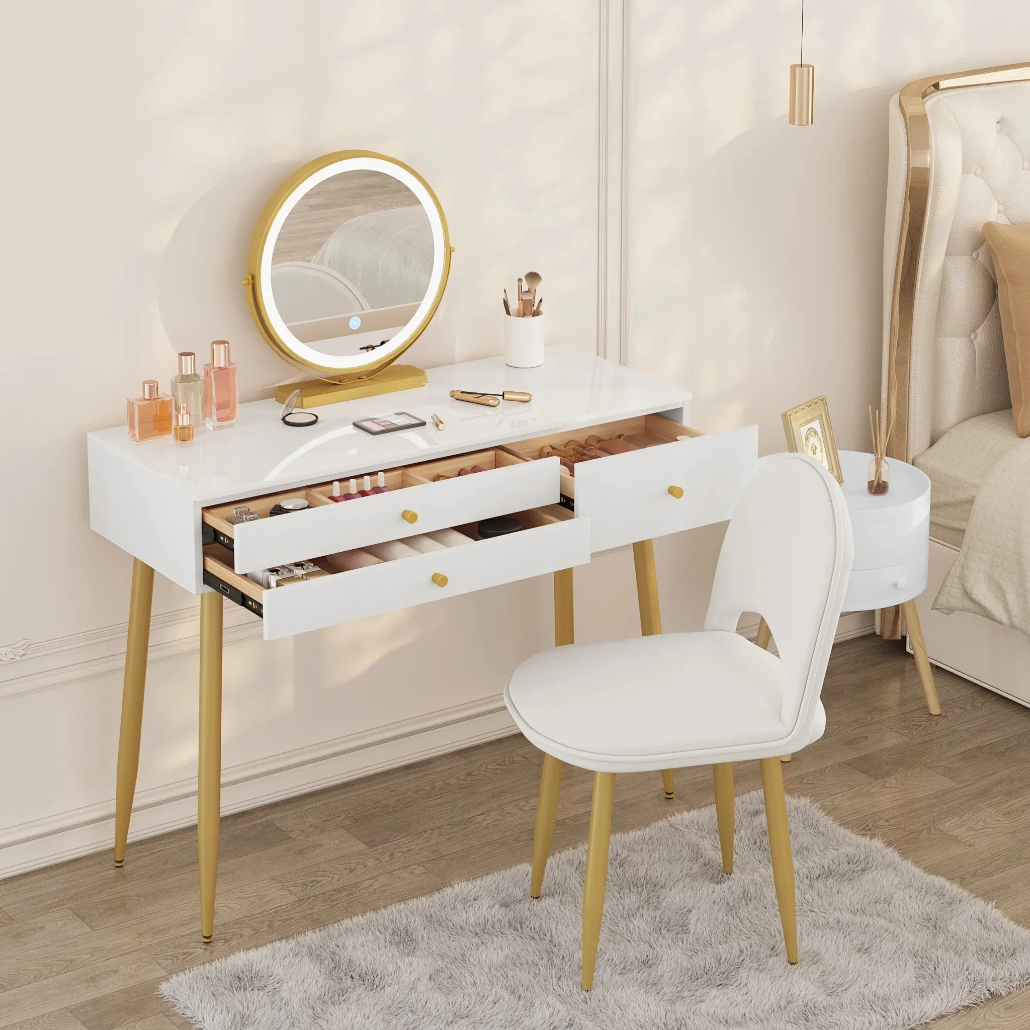 1SET Vanity Dressing Table Cosmetic Make up Table with Lighting Adjustable LED Mirror Light 3 Drawers Velvet Stool for Bedroom - Image 15