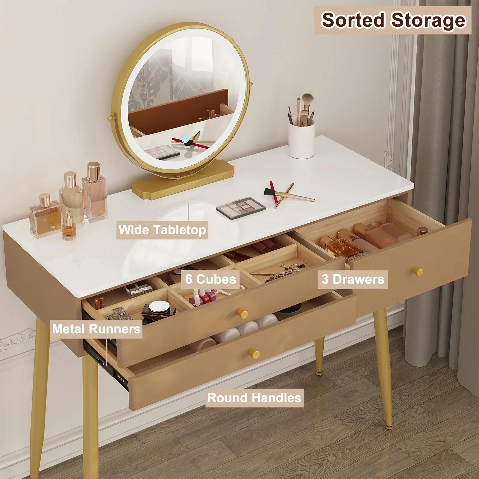 1SET Vanity Dressing Table Cosmetic Make up Table with Lighting Adjustable LED Mirror Light 3 Drawers Velvet Stool for Bedroom - Image 17