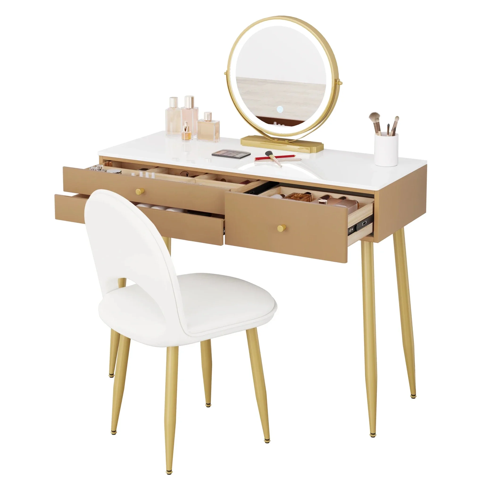 1SET Vanity Dressing Table Cosmetic Make up Table with Lighting Adjustable LED Mirror Light 3 Drawers Velvet Stool for Bedroom - Image 18