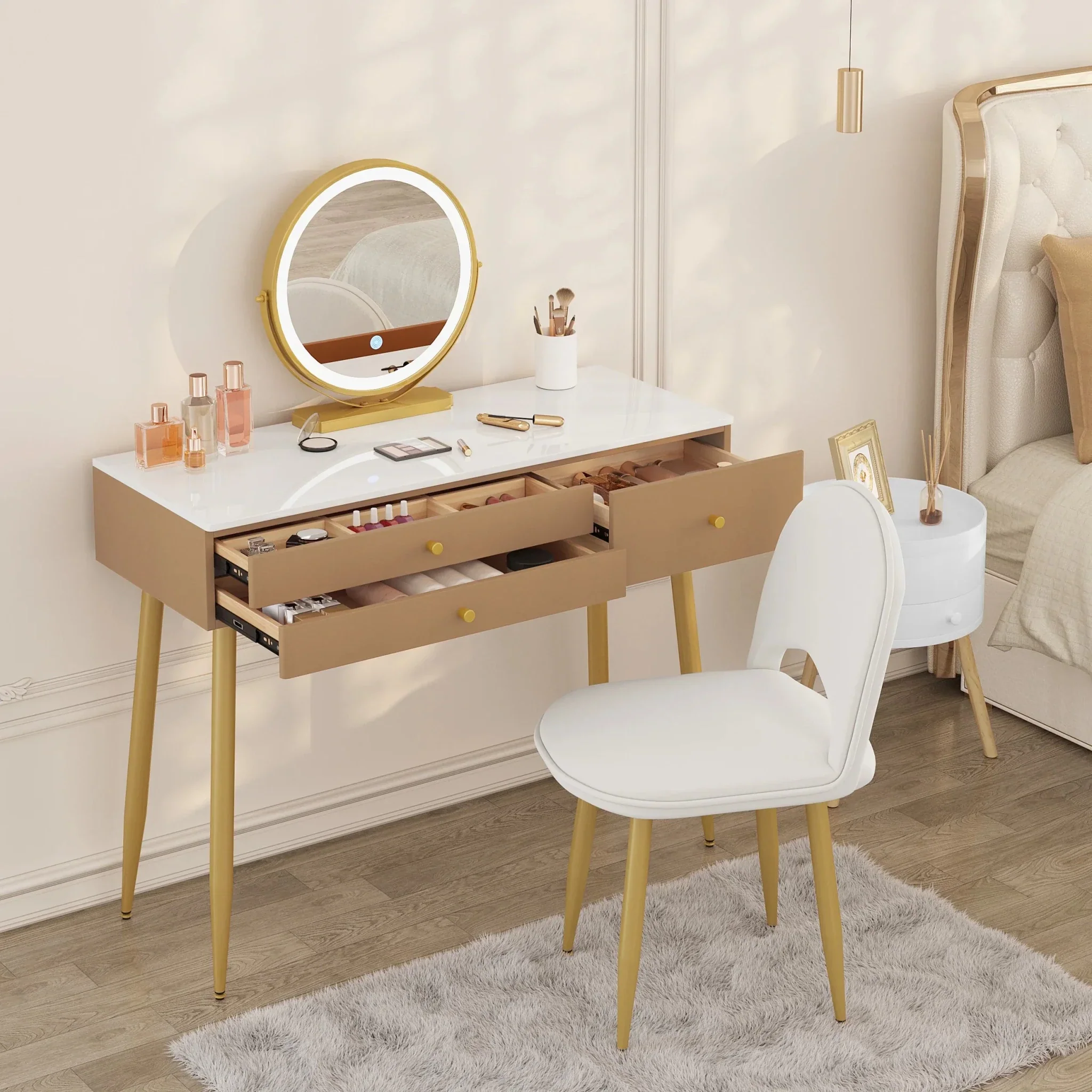 1SET Vanity Dressing Table Cosmetic Make up Table with Lighting Adjustable LED Mirror Light 3 Drawers Velvet Stool for Bedroom - Image 22