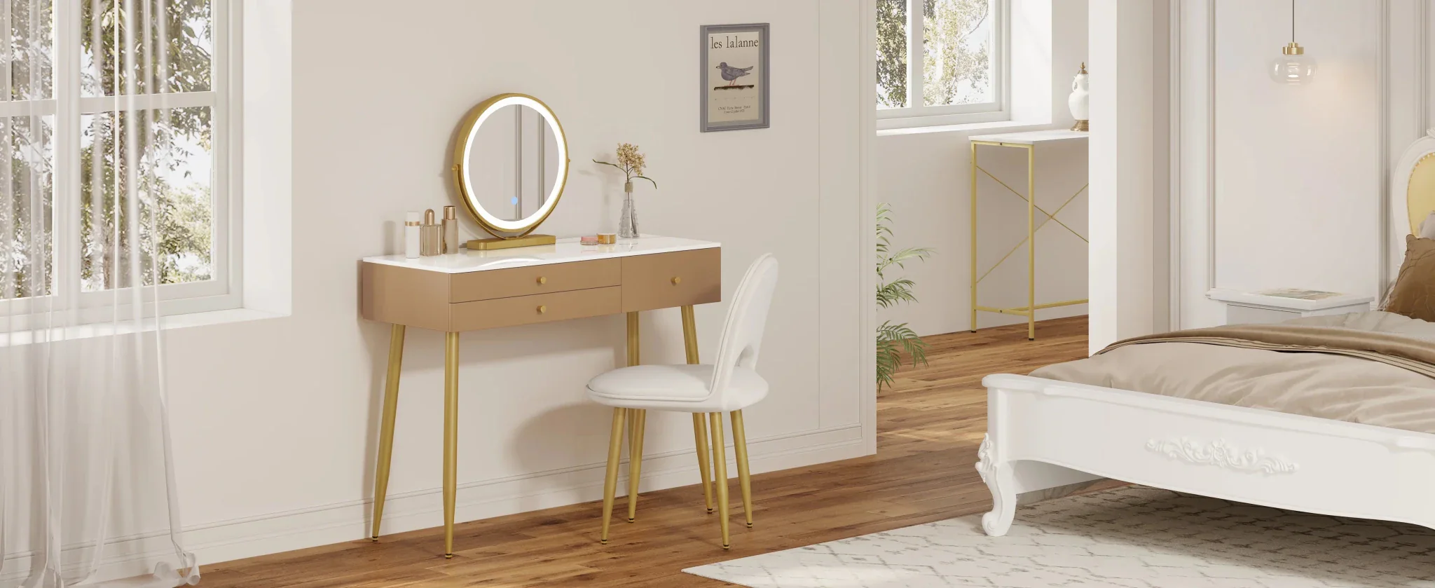 1SET Vanity Dressing Table Cosmetic Make up Table with Lighting Adjustable LED Mirror Light 3 Drawers Velvet Stool for Bedroom - Image 24
