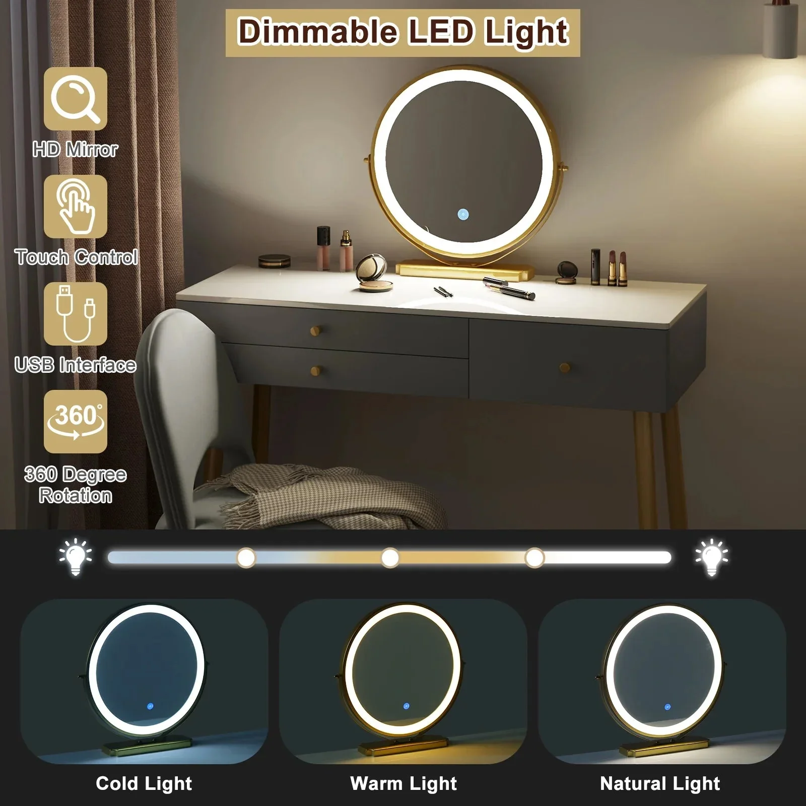 1SET Vanity Dressing Table Cosmetic Make up Table with Lighting Adjustable LED Mirror Light 3 Drawers Velvet Stool for Bedroom - Image 25