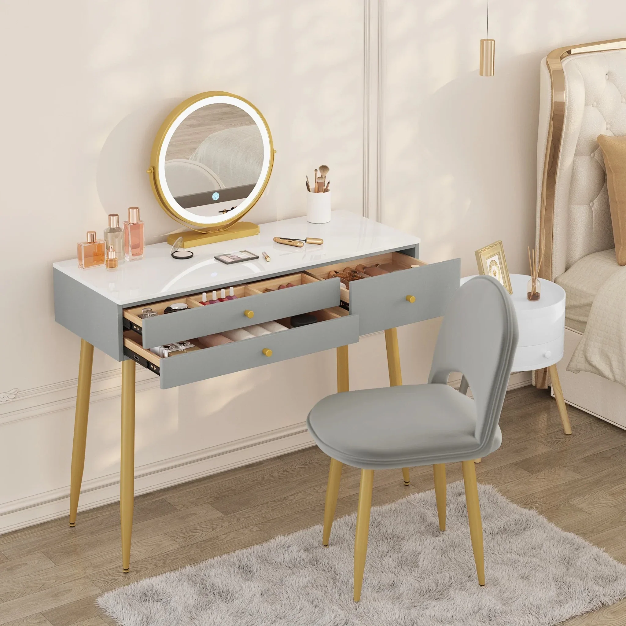 1SET Vanity Dressing Table Cosmetic Make up Table with Lighting Adjustable LED Mirror Light 3 Drawers Velvet Stool for Bedroom - Image 27