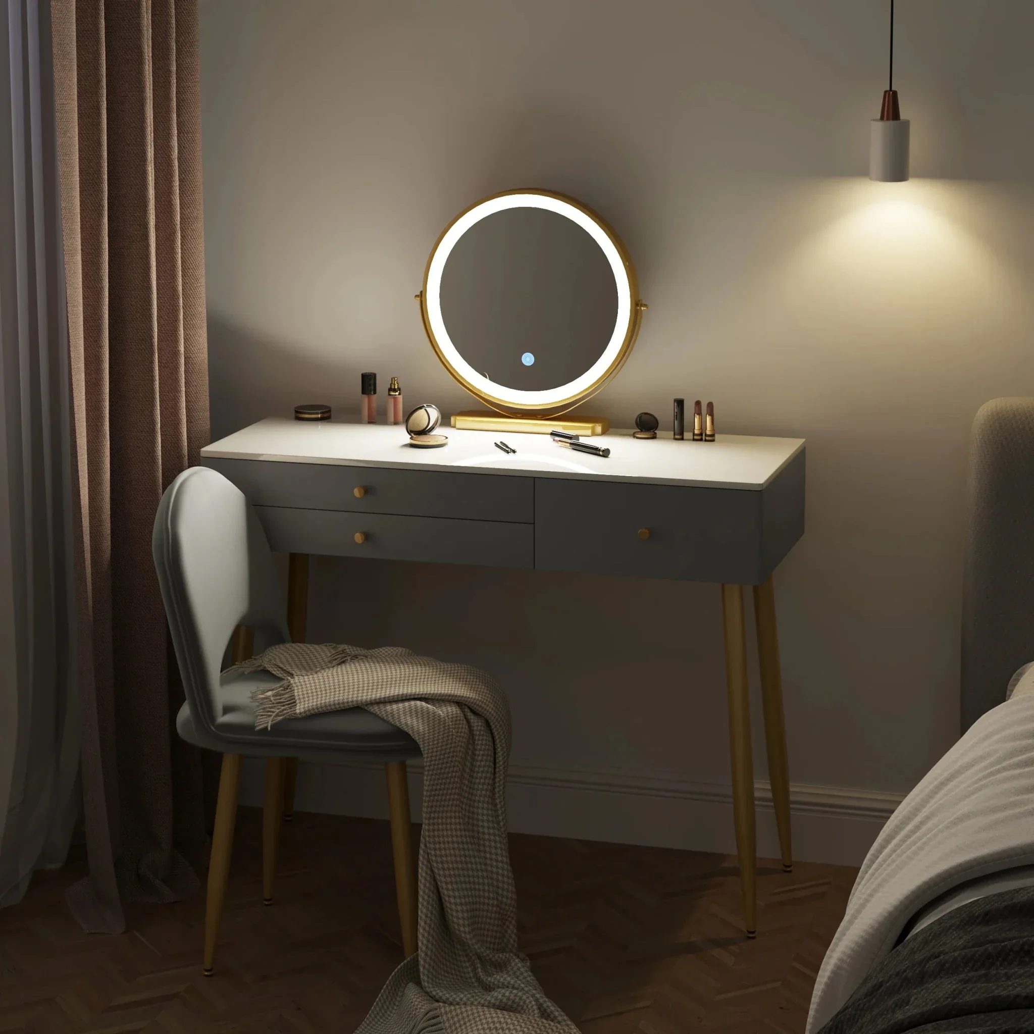 1SET Vanity Dressing Table Cosmetic Make up Table with Lighting Adjustable LED Mirror Light 3 Drawers Velvet Stool for Bedroom - Image 28