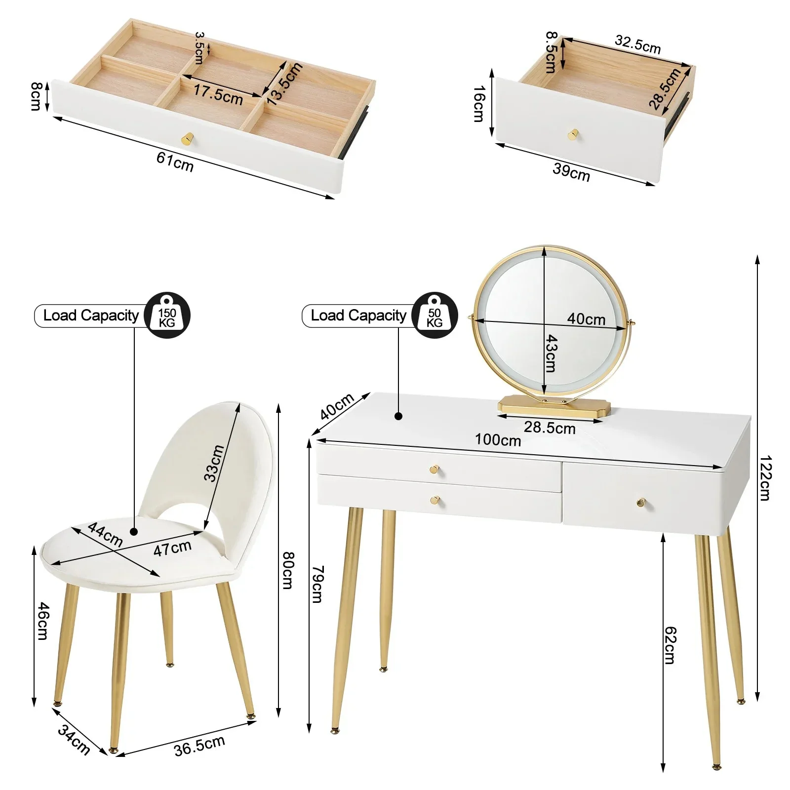1SET Vanity Dressing Table Cosmetic Make up Table with Lighting Adjustable LED Mirror Light 3 Drawers Velvet Stool for Bedroom - Image 4