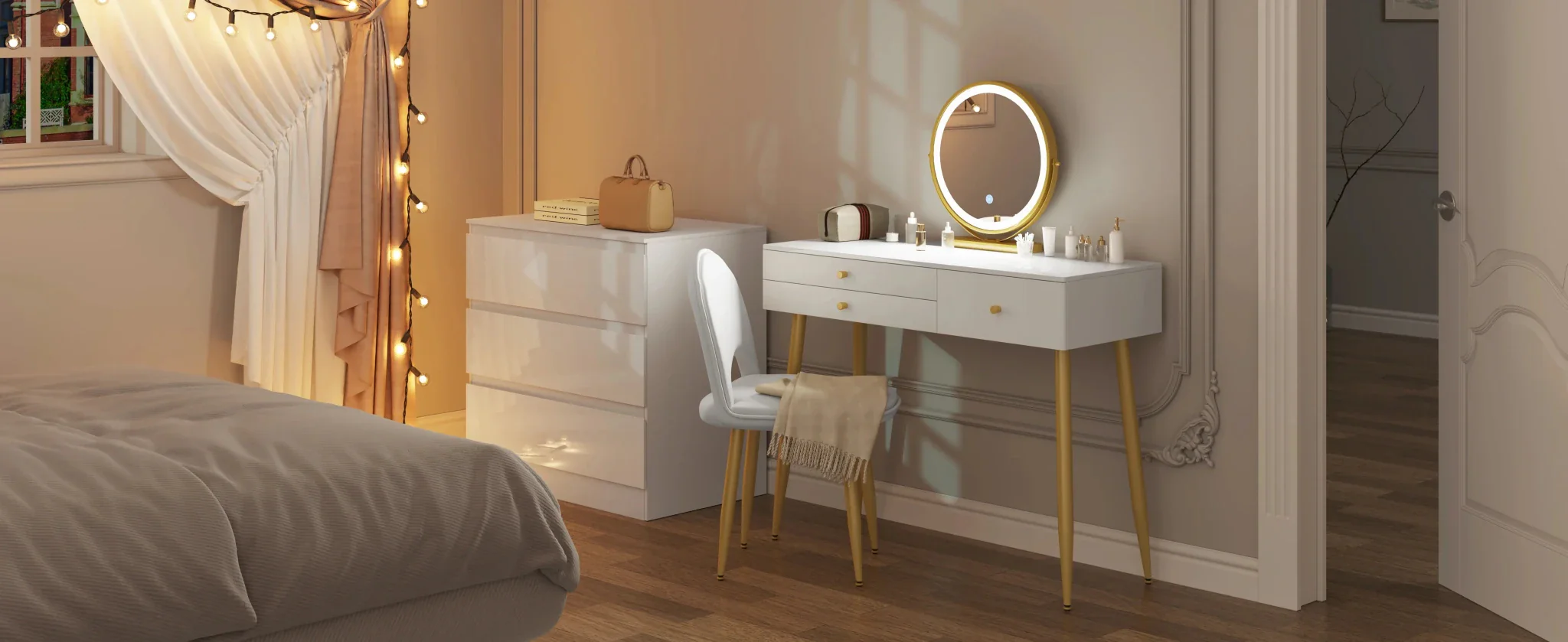 1SET Vanity Dressing Table Cosmetic Make up Table with Lighting Adjustable LED Mirror Light 3 Drawers Velvet Stool for Bedroom - Image 7