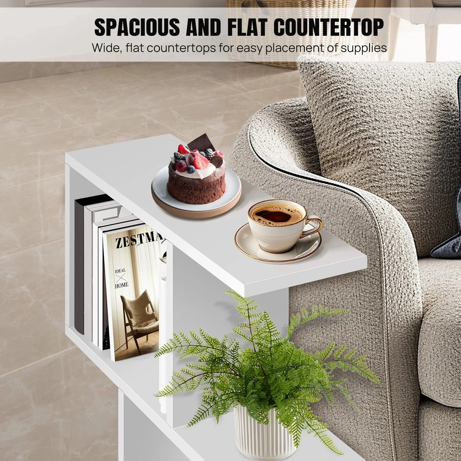 2 Tier Storage End Side Table Versatile C Table Shelves Organizer Office Living Room End Desk Stand Display60x60x19.5cm, White - Image 8