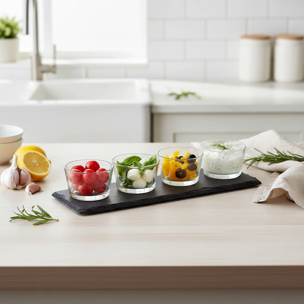 4 Ribbed Glass Bowls Slate Tray Set - Image 3