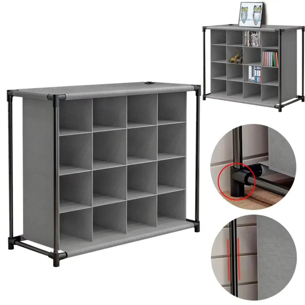 4 Tiers 16-Pair Non-woven Grid Shoes Rack Grey Cubes Storage Shelf Rack Organizers - Image 5