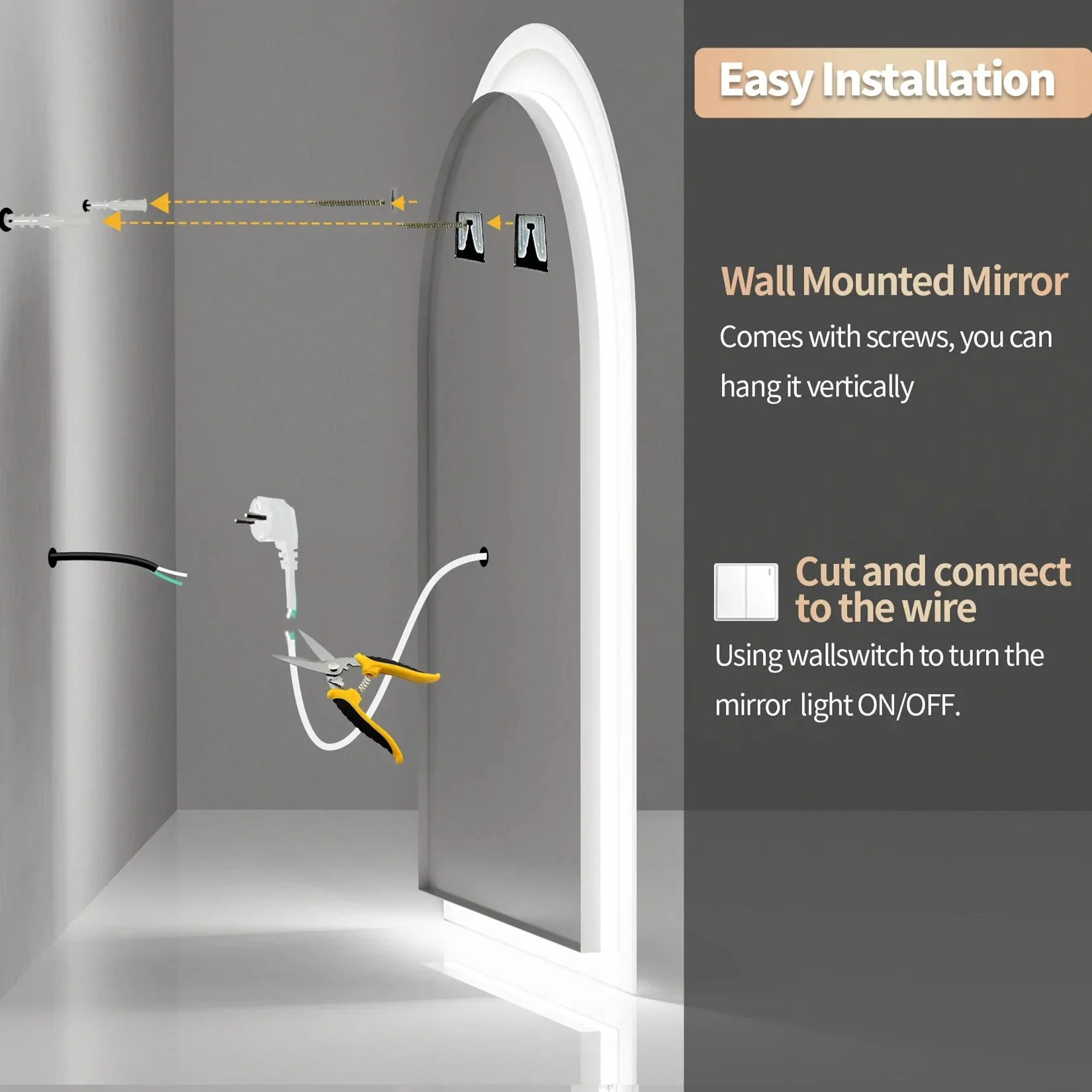 60x90CM Vertical Arch-Shape LED Bathroom Mirror Backlit Frameless Lighted Antifog Mirror Time Temperature Display - Image 10