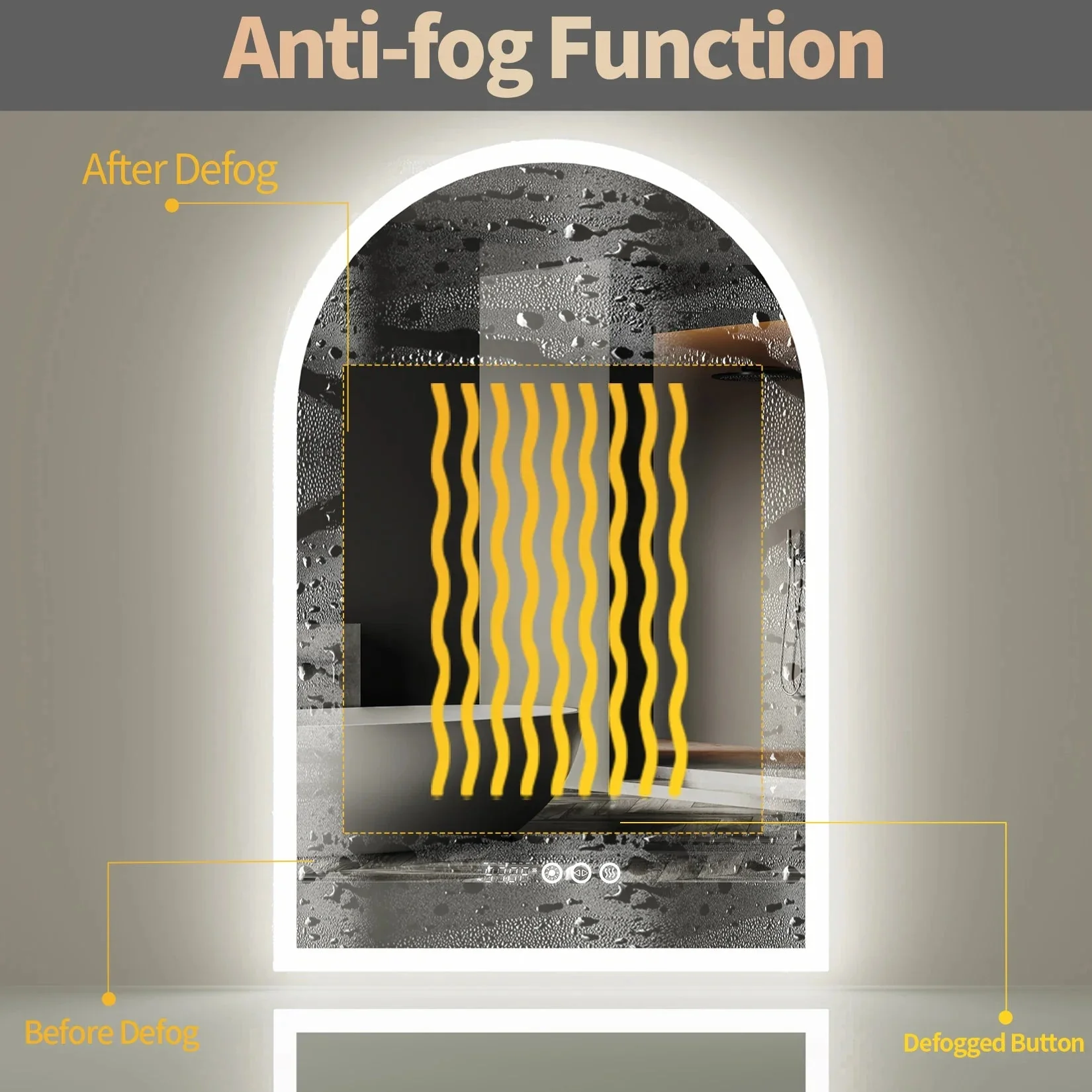 60x90CM Vertical Arch-Shape LED Bathroom Mirror Backlit Frameless Lighted Antifog Mirror Time Temperature Display - Image 5