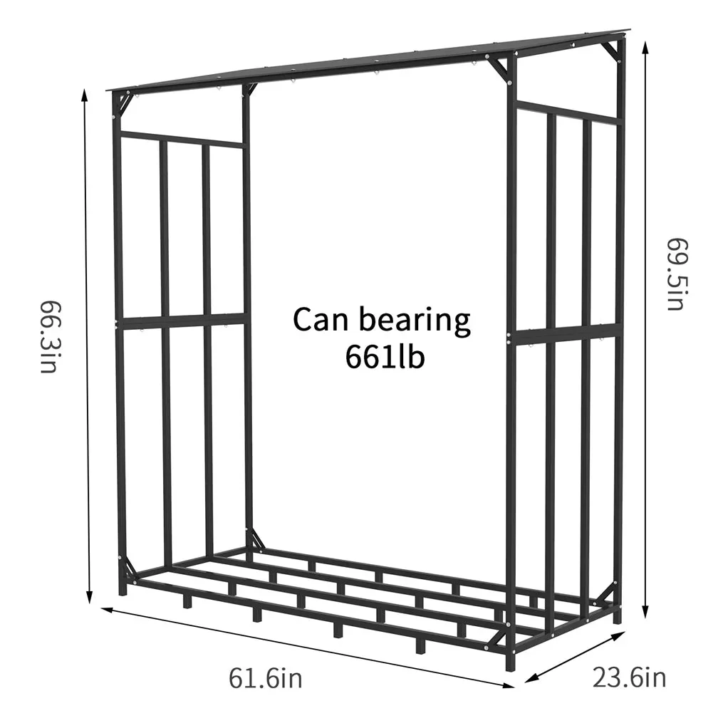 70" Outdoor Metal Log Store Stack Holder Wood Firewood Rack Garden Storage Shed with Waterproof Roof - Image 4