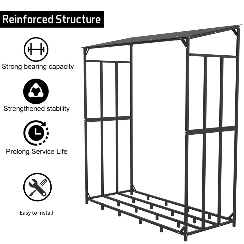 70" Outdoor Metal Log Store Stack Holder Wood Firewood Rack Garden Storage Shed with Waterproof Roof - Image 5