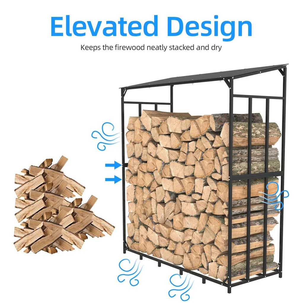 70" Outdoor Metal Log Store Stack Holder Wood Firewood Rack Garden Storage Shed with Waterproof Roof - Image 6