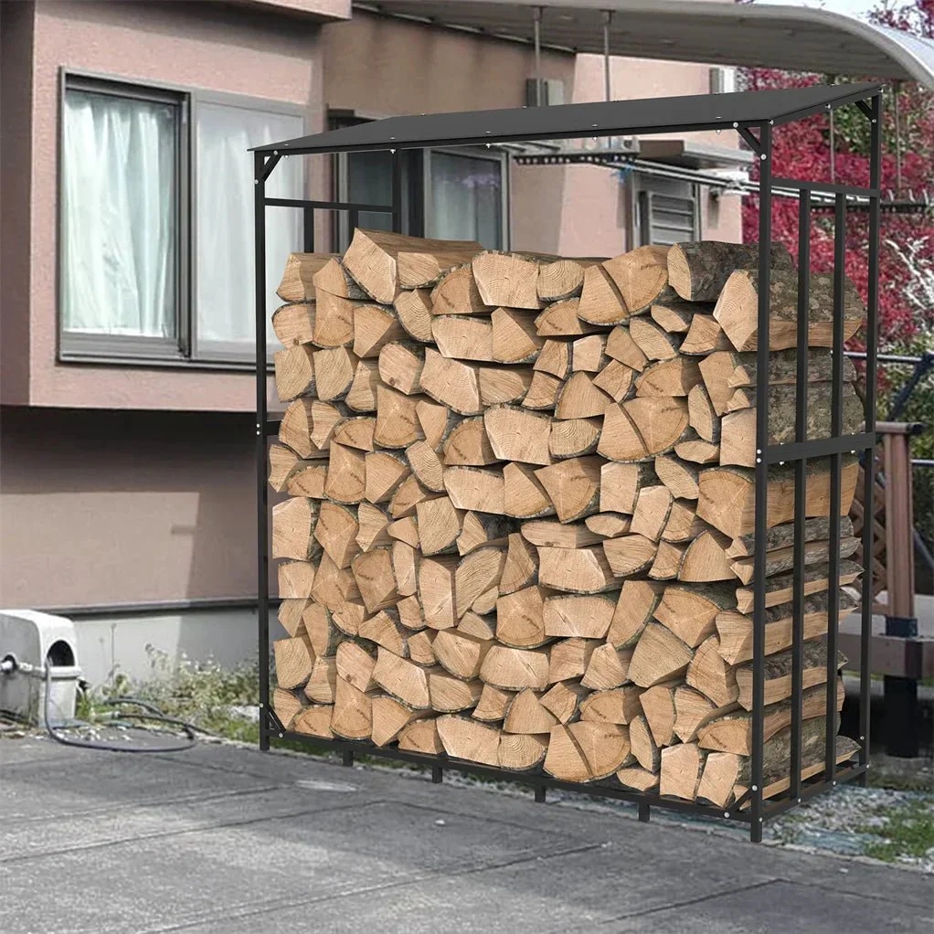 70" Outdoor Metal Log Store Stack Holder Wood Firewood Rack Garden Storage Shed with Waterproof Roof - Image 8