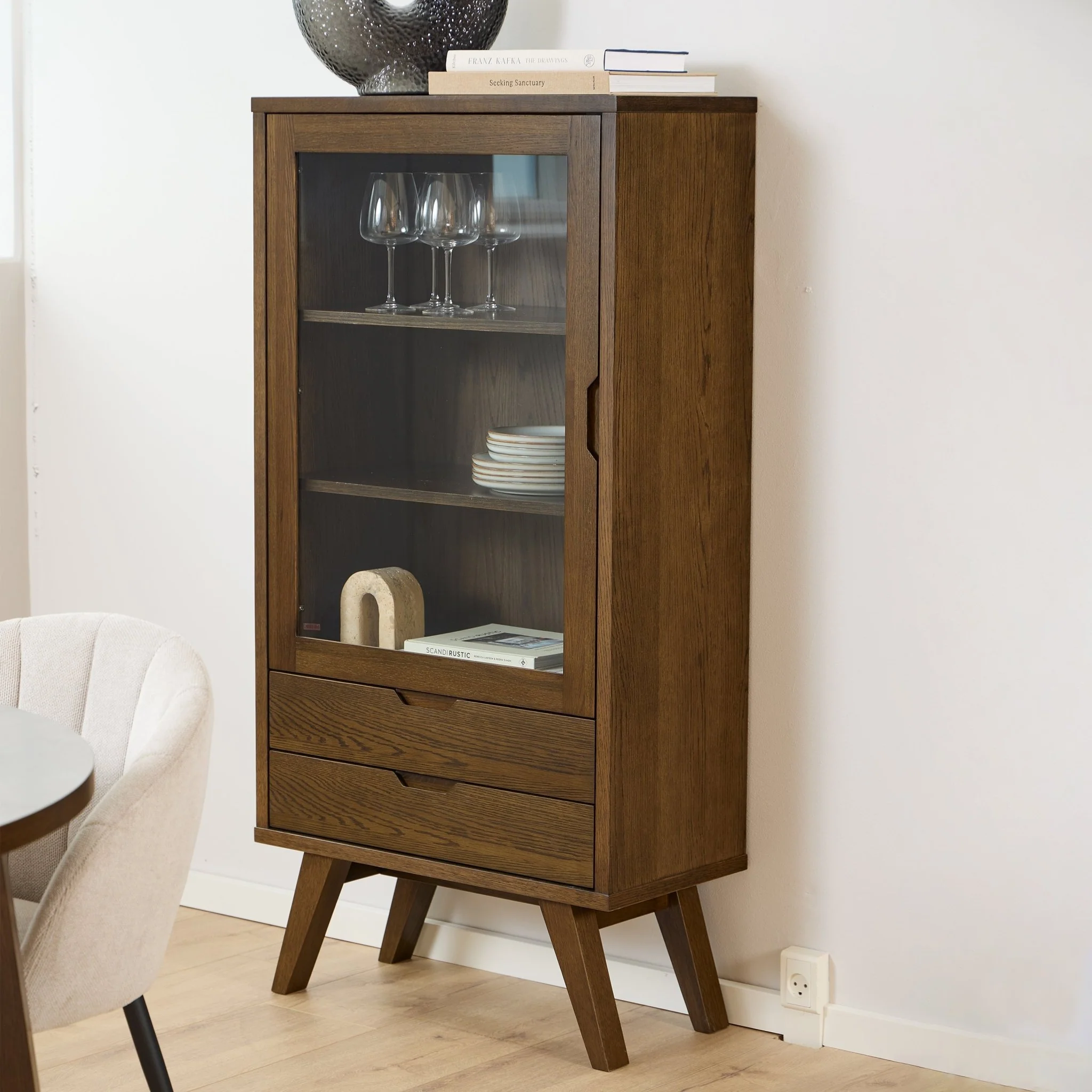 A-Line Display Cabinet with 2 Drawers and 2 Shelves in Smoked Oak - Image 8