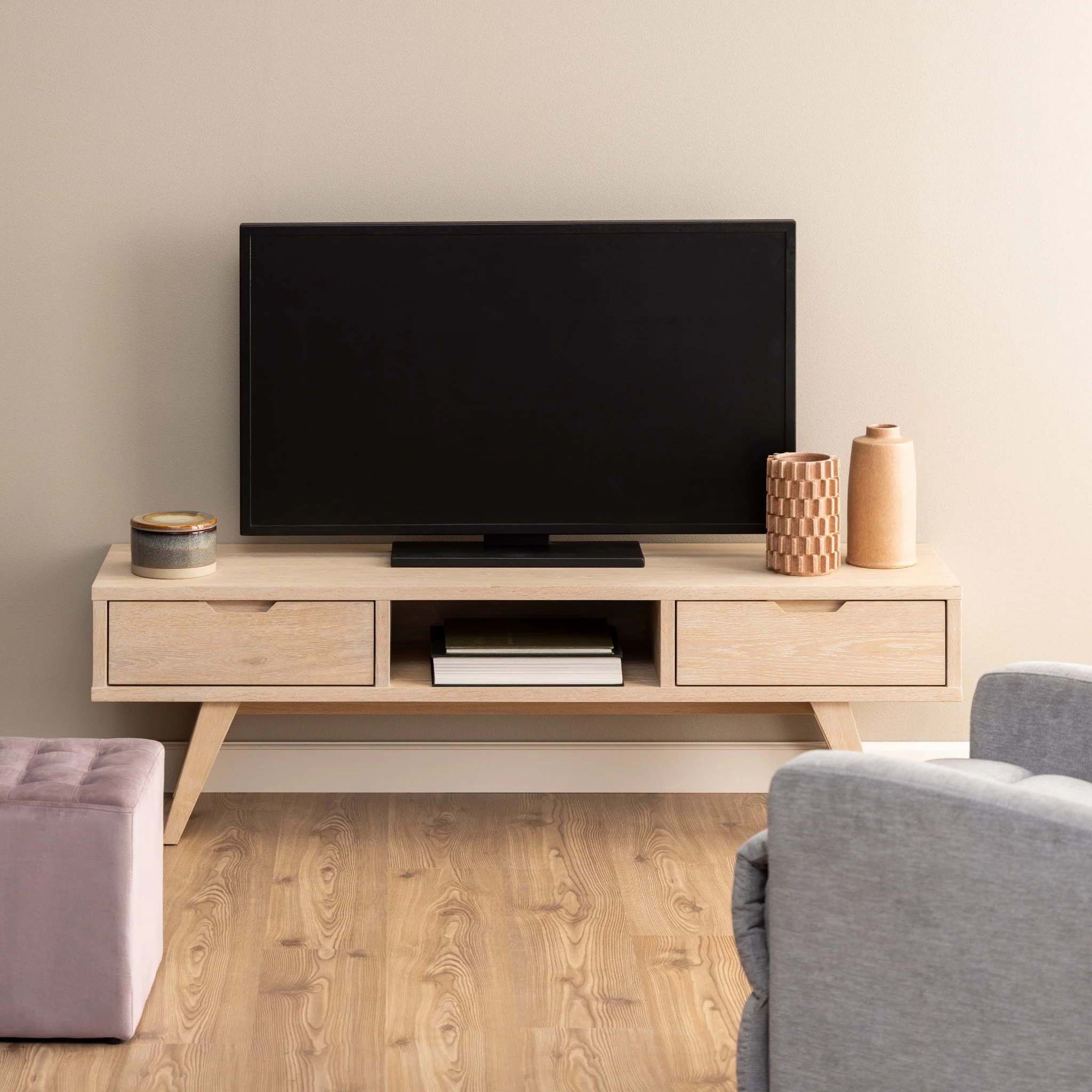 A-Line TV Unit with 2 Drawers in White Oak - Image 4