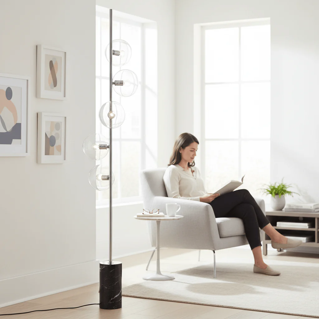 Abira Nickel And Black Marble Floor Lamp - Image 2
