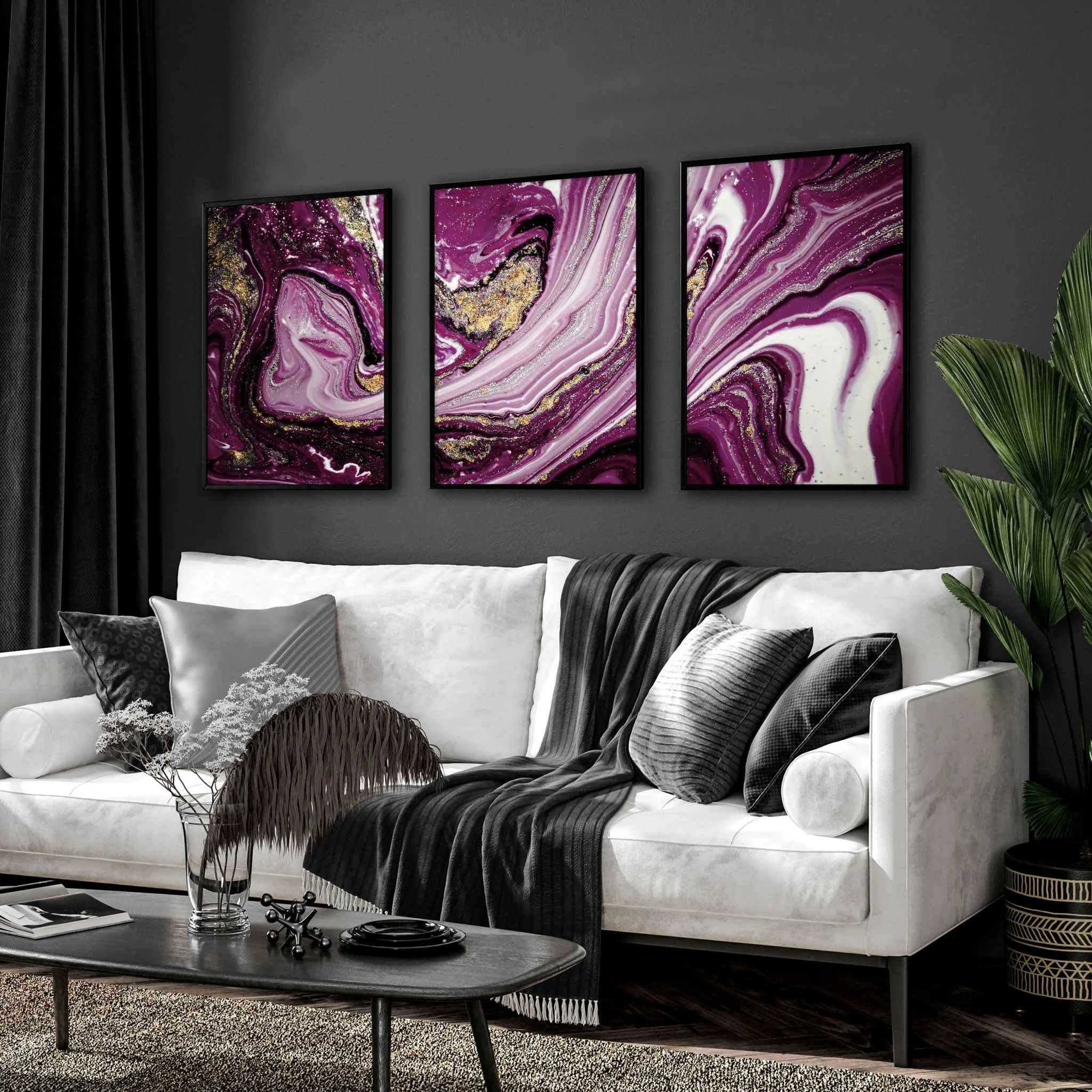 Abstract wall art framed | set of 3 Purple wall art prints - Image 2