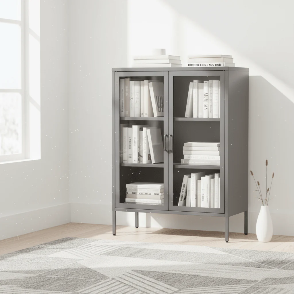Acier Two Door Grey Metal Cabinet With Glass Doors - Image 8