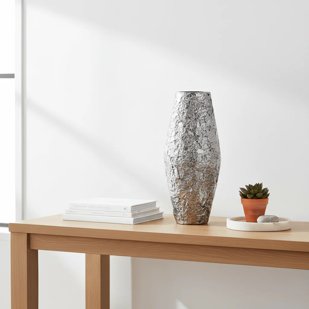 Akola Large Silver Textured Metal Vase - Image 4