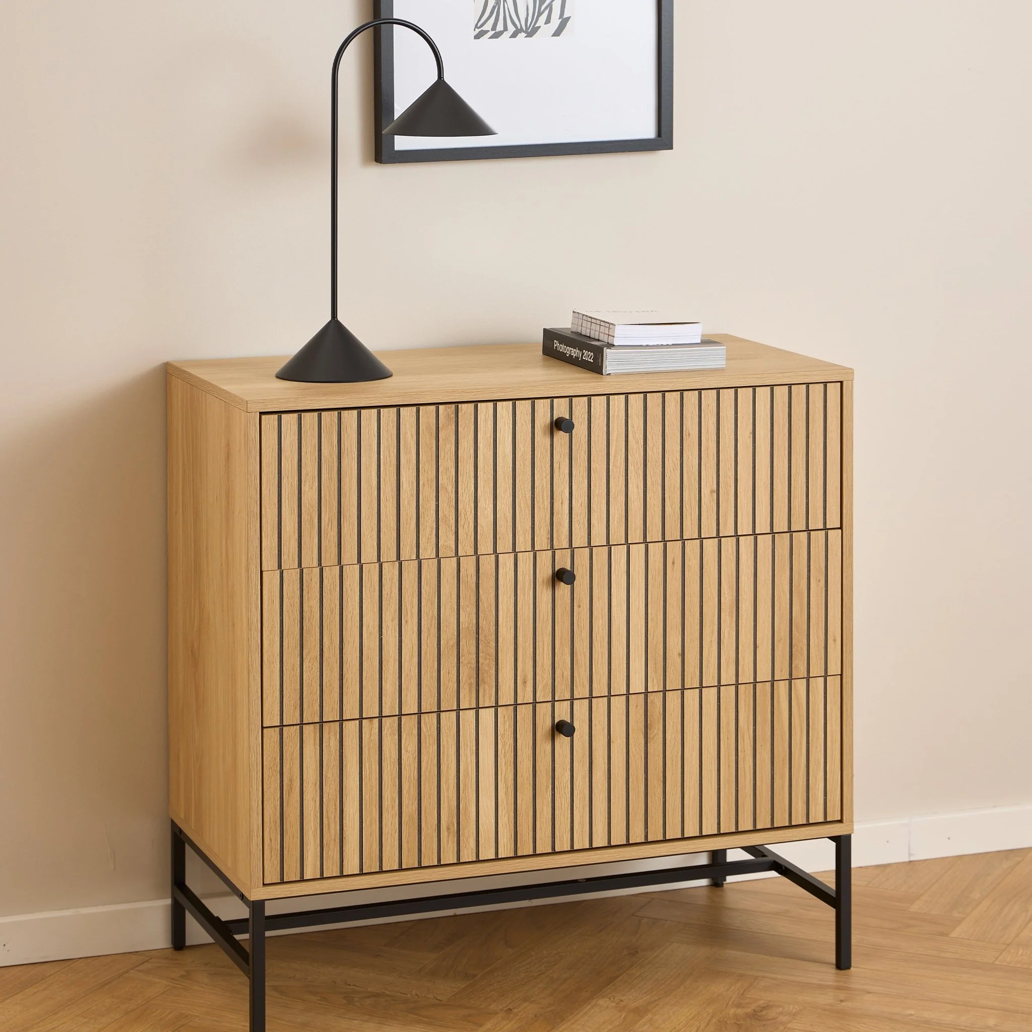 Albany Chest of 3 Drawers in Oak/Black Legs - Image 6