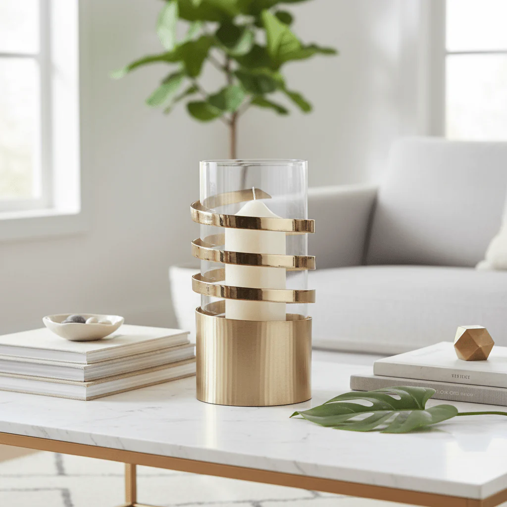 Amreli Large Vertical Textured Gold Metal Hurricane Candle Holder - Image 4