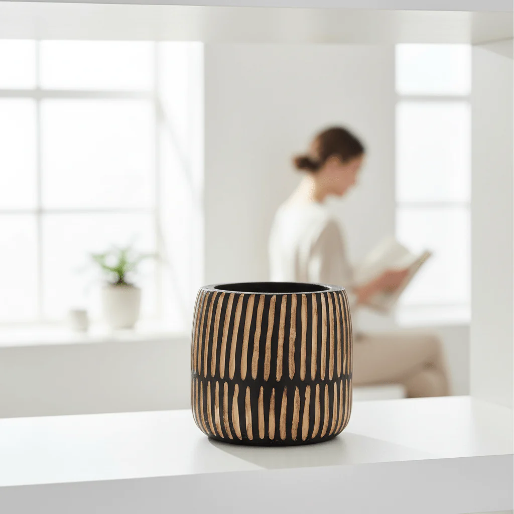 Arlo Large Engraved Natural And Black Wooden Planter - Image 2