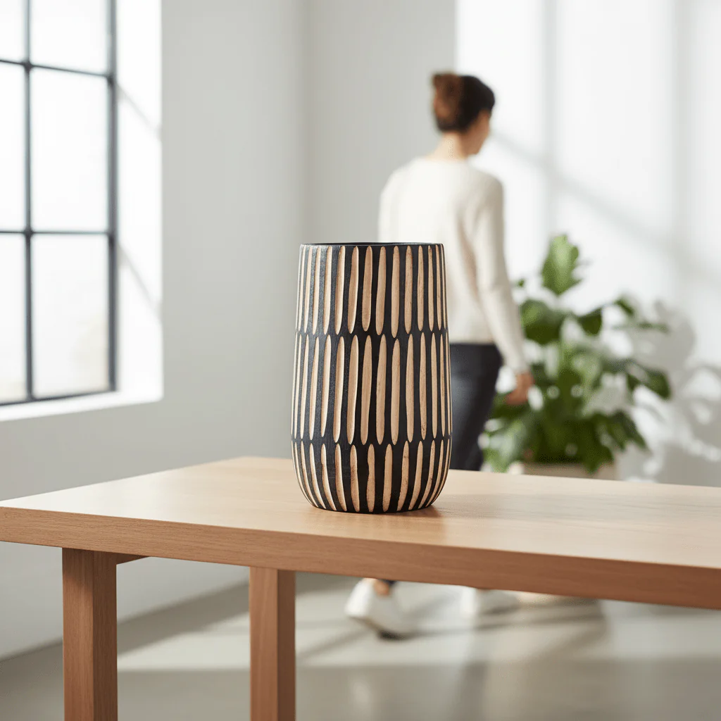 Arlo Large Natural And Black Wooden Vase - Image 2