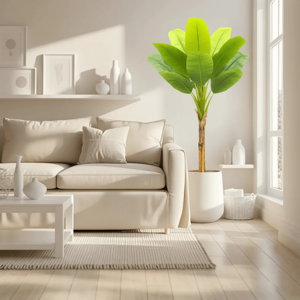 Artificial Banana Leaf Plant with Triple Stalks,Faux Banana Silk Tree,Tropical Fake Leaves Plants Indoor for Home Office - Image 2