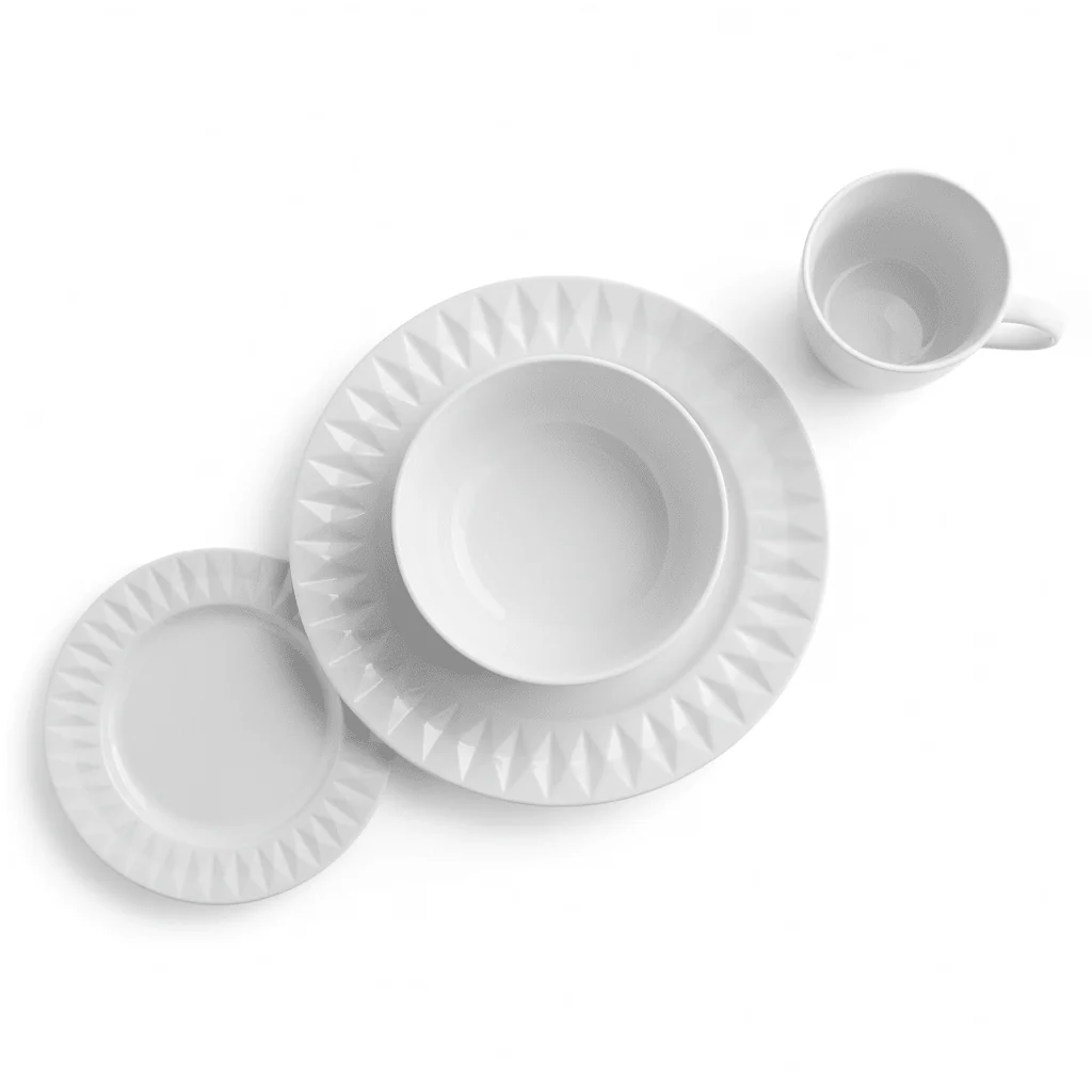 Avie 16 Piece White Embossed Dinner Set.