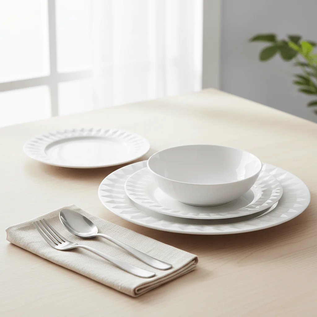 Avie 16 Piece White Embossed Dinner Set. - Image 3