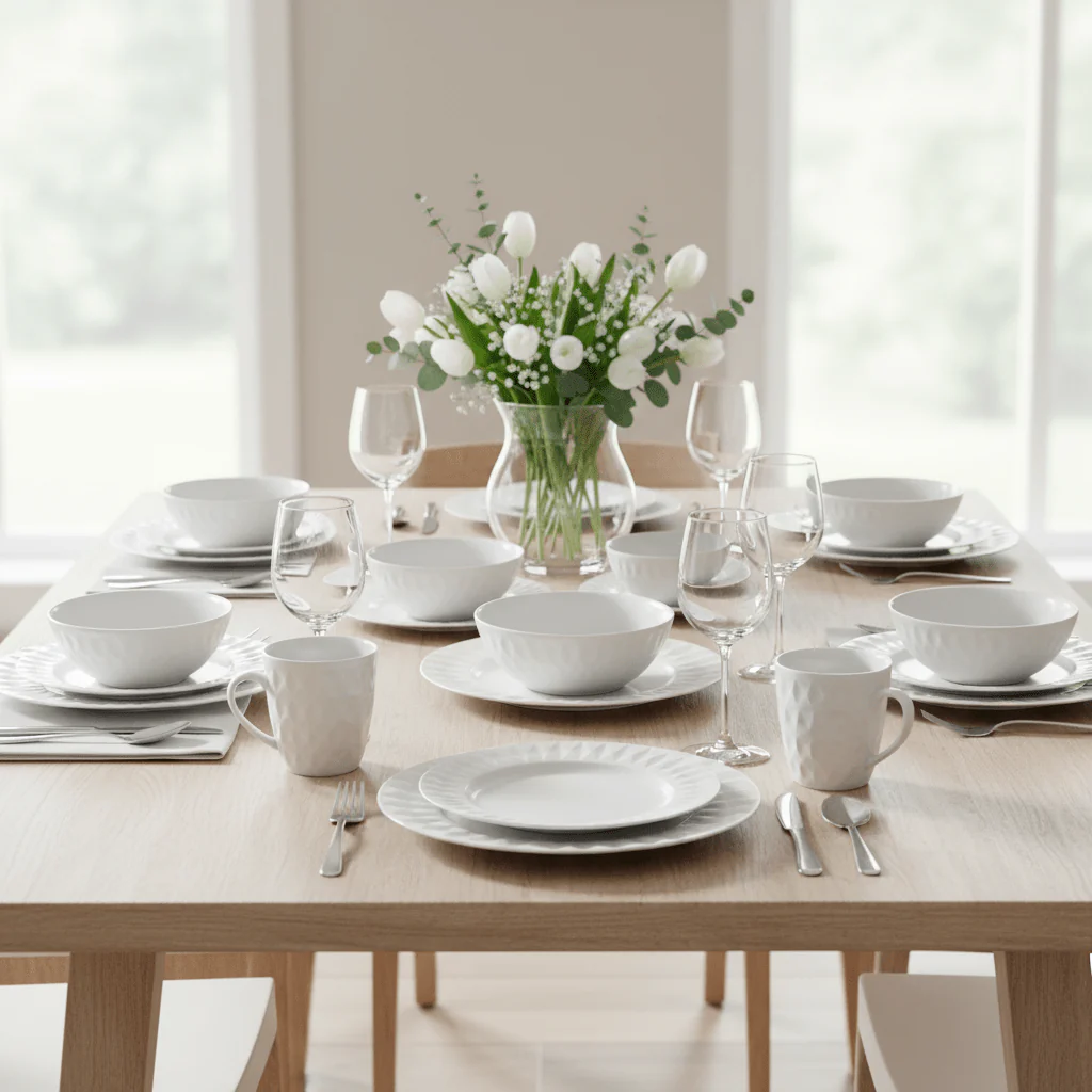 Avie 16 Piece White Embossed Dinner Set. - Image 4
