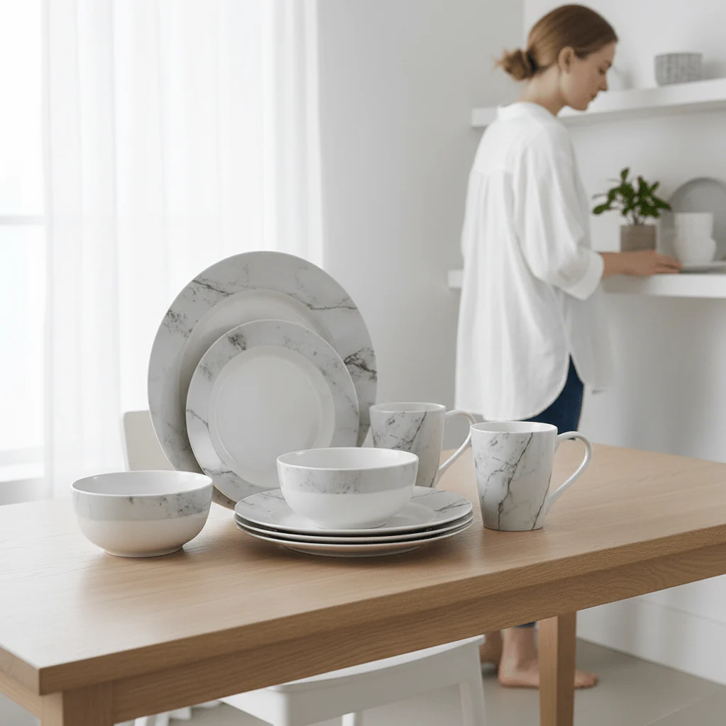 Avie 16Pc White And Grey Marble Effect Dinner Set - Image 2