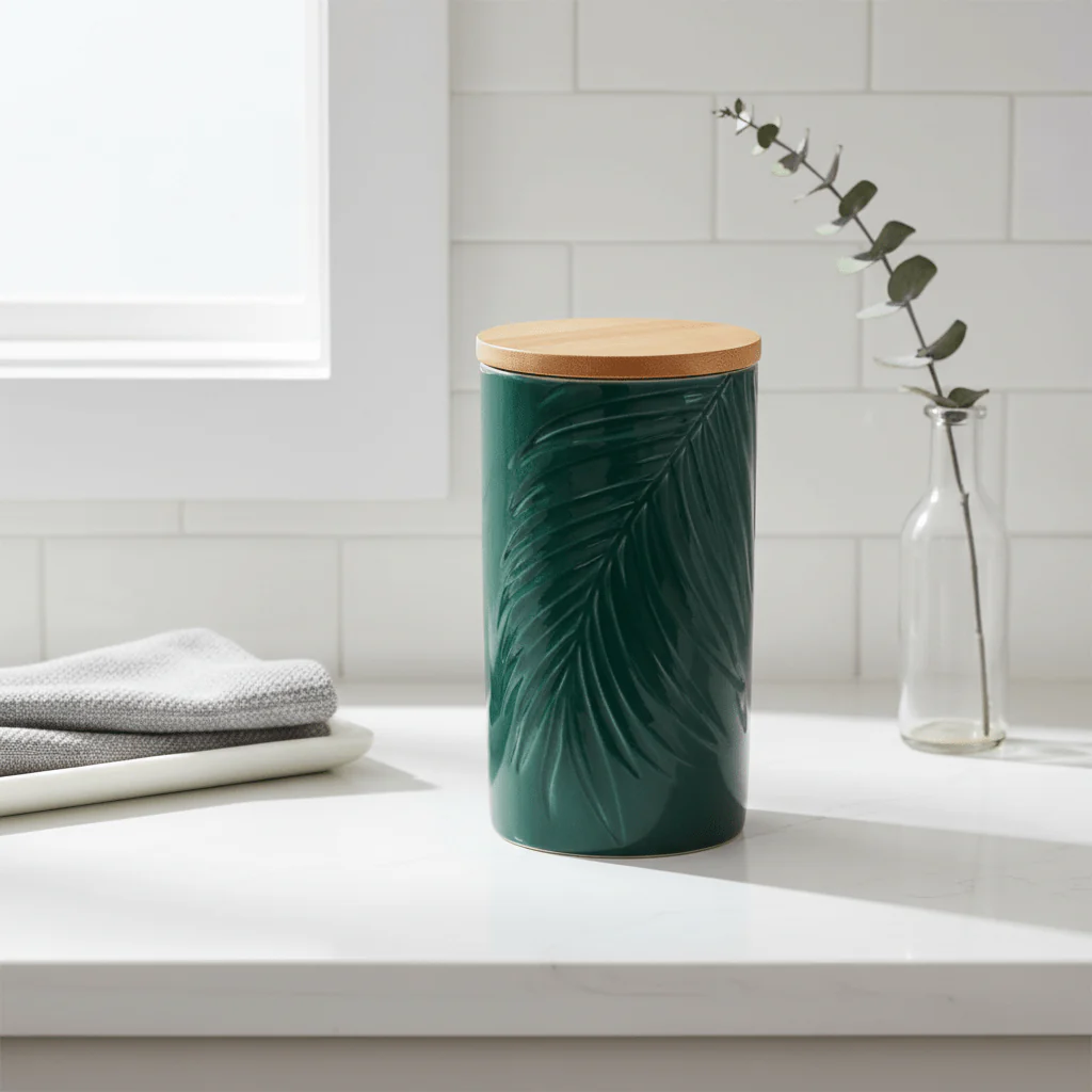 Bali Dark Green Large Storage Jar with Bamboo Lid - Image 4
