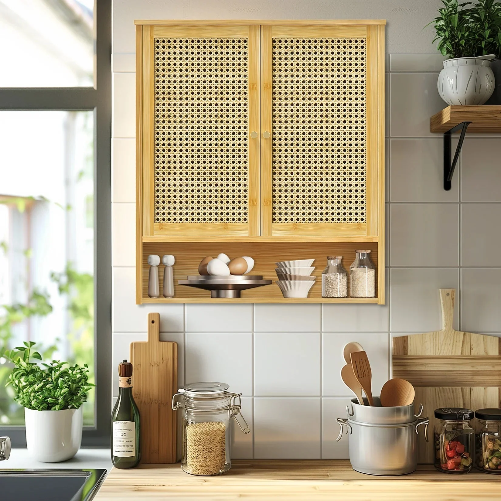 Bamboo Bathroom Wall Cabinet, Over the Toilet, Kitchen Storage, Solid Wood, 3 Shelves, 2 Doors - Image 11
