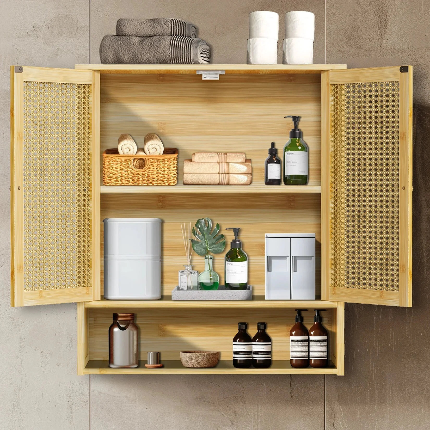 Bamboo Bathroom Wall Cabinet, Over the Toilet, Kitchen Storage, Solid Wood, 3 Shelves, 2 Doors - Image 2