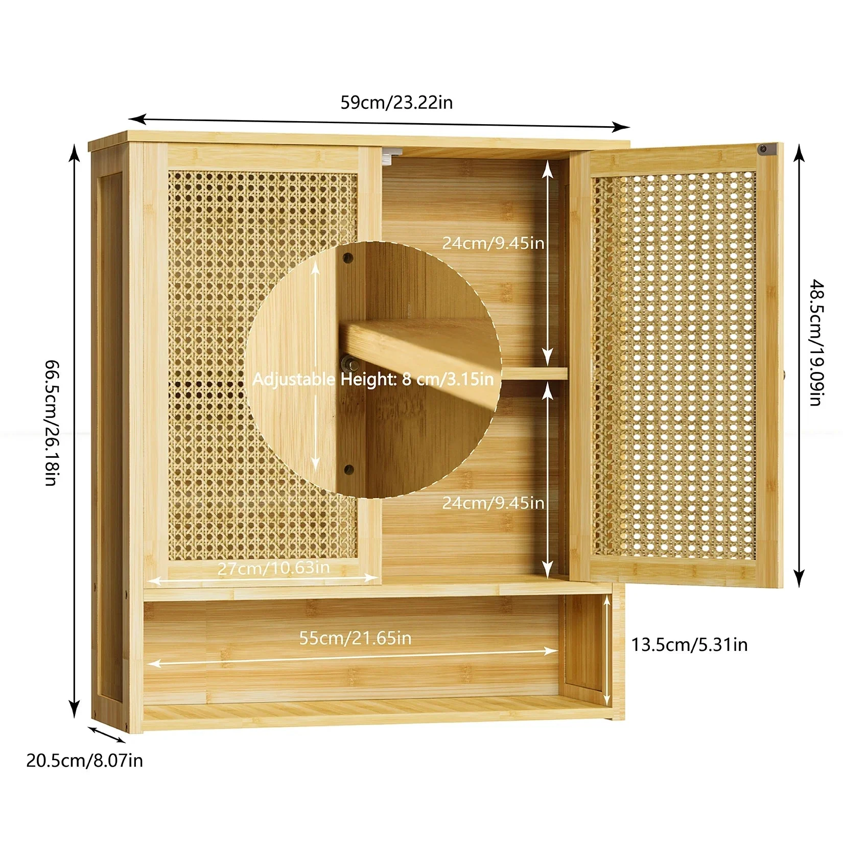 Bamboo Bathroom Wall Cabinet, Over the Toilet, Kitchen Storage, Solid Wood, 3 Shelves, 2 Doors - Image 4