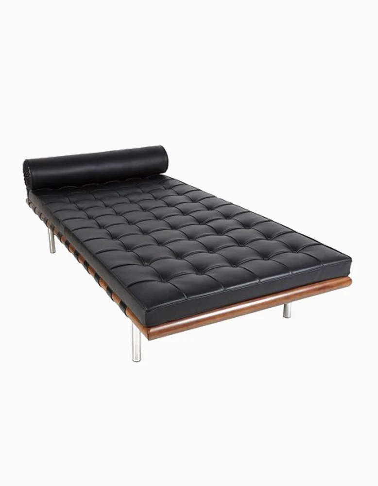 Barcelona Style Daybed, Black Leather, Wood Frame - Image 4