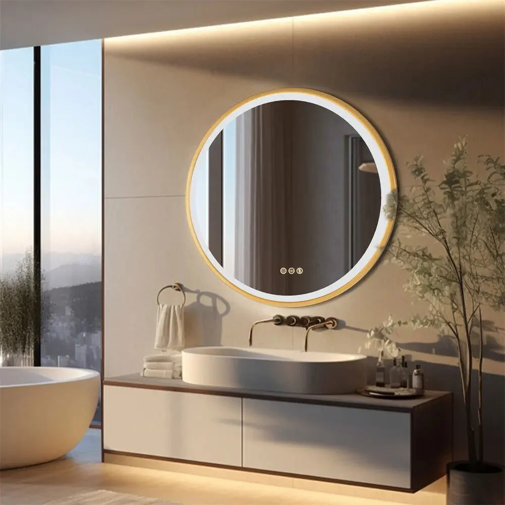 Bathroom Mirror with LED 60/80cm Round Illuminated Wall Mirror Aluminum Gold Frame Anti-fog 3 Lighting Color Memory Function - Image 2